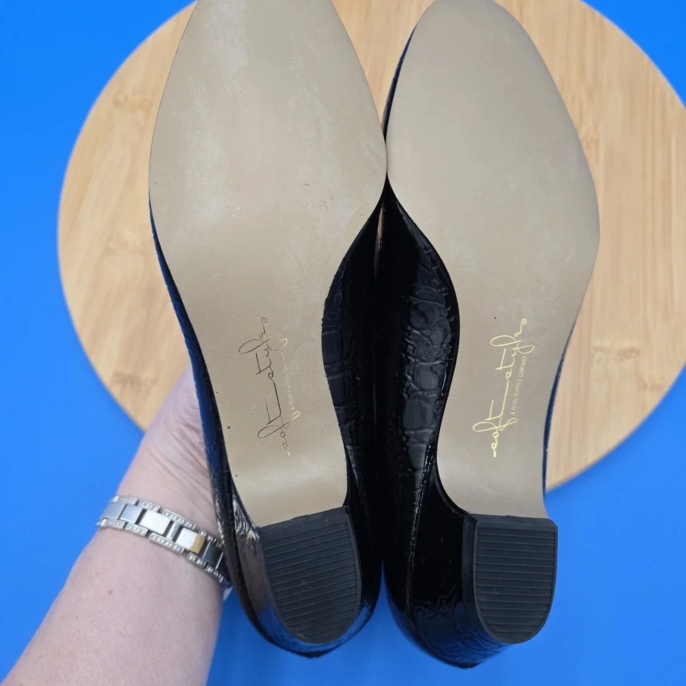 Soft Style Hushpuppies Black Patent Faux Croc‎ Low Heel Pumps Women's 6.5M NWOB